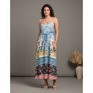 Dalia MacPhee Tie Shoulder mixed print maxi slip dress cottage core Sz Large